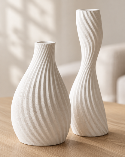 Close-up of the finish of the set of 3 matte white sculptural vases