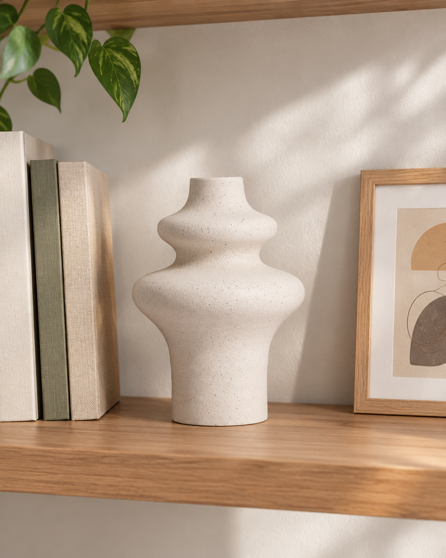 Cream Speckled Ceramic Stacked Bulb Vase on a wooden shelf