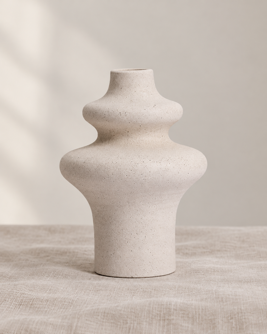 Cream Speckled Ceramic Stacked Bulb Vase, shown alone on a linen background