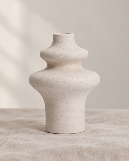 Cream Speckled Ceramic Stacked Bulb Vase, shown alone on a linen background