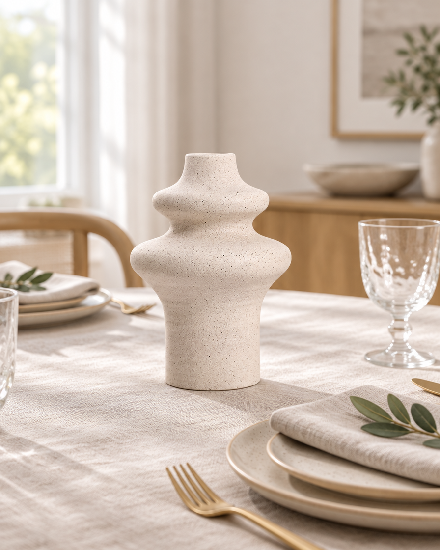 Cream Speckled Ceramic Stacked Bulb Vase on a dining table