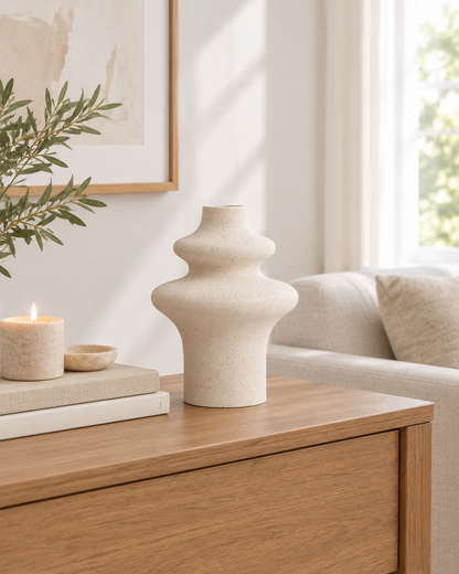 Cream Speckled Ceramic Stacked Bulb Vase on a console table