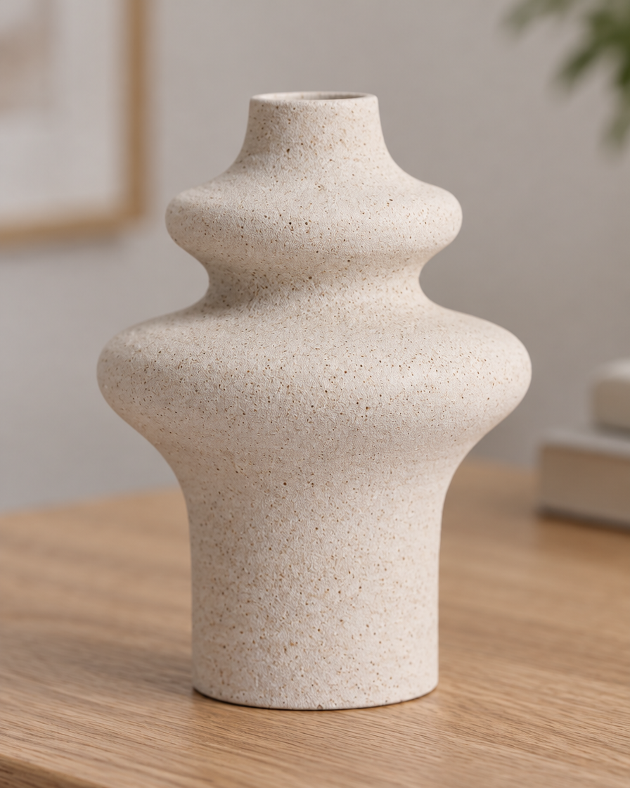 Close-up of the finish of the cream speckled ceramic stacked bulb vase