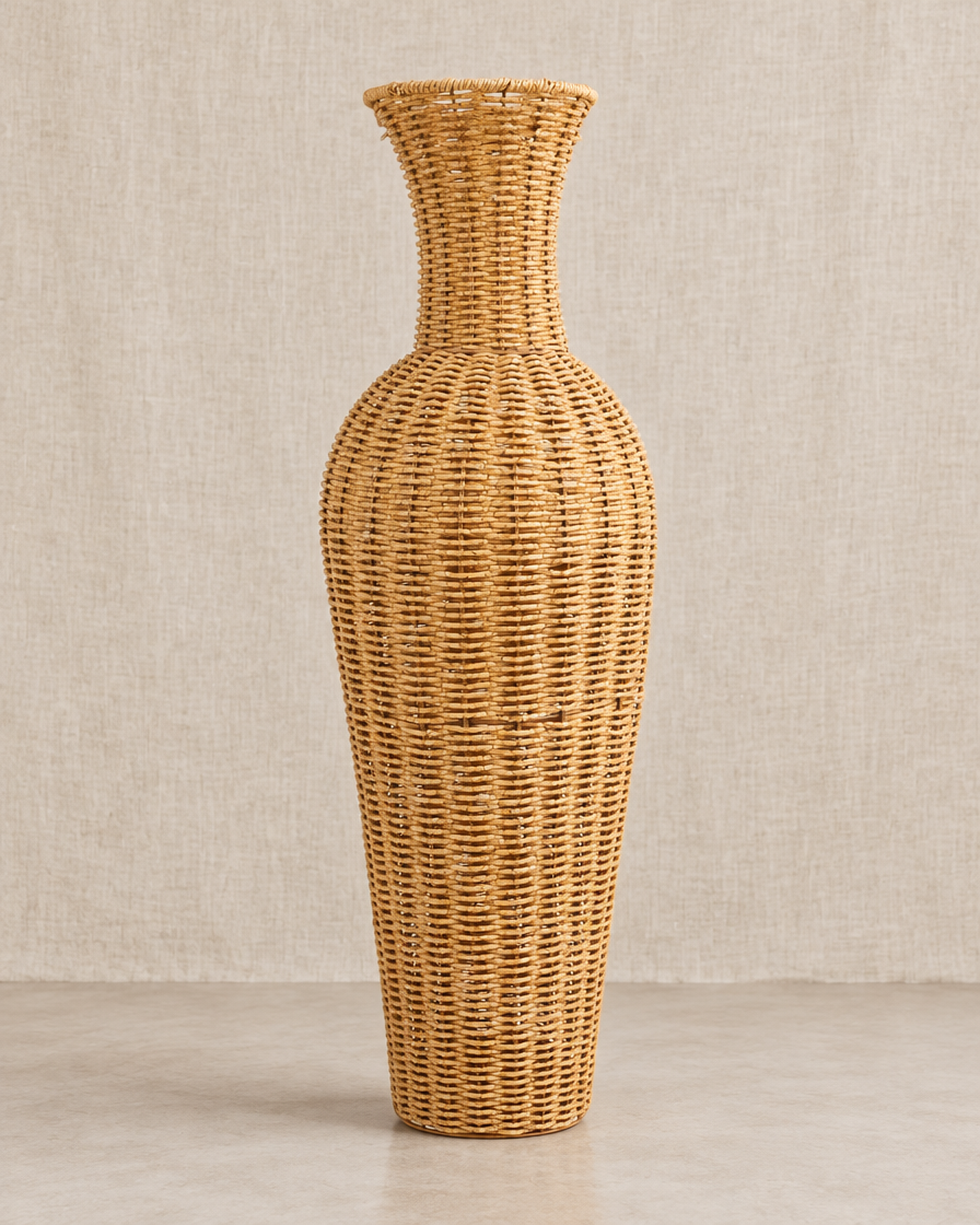 Tall Woven Natural Floor Vase, shown alone on a linen background