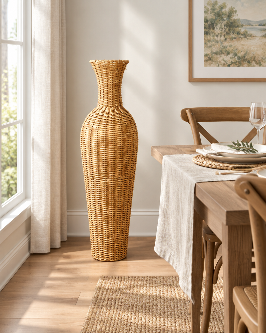 Tall Woven Natural Floor Vase in a dining room