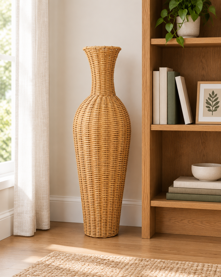 Tall Woven Natural Floor Vase next to a bookshelf