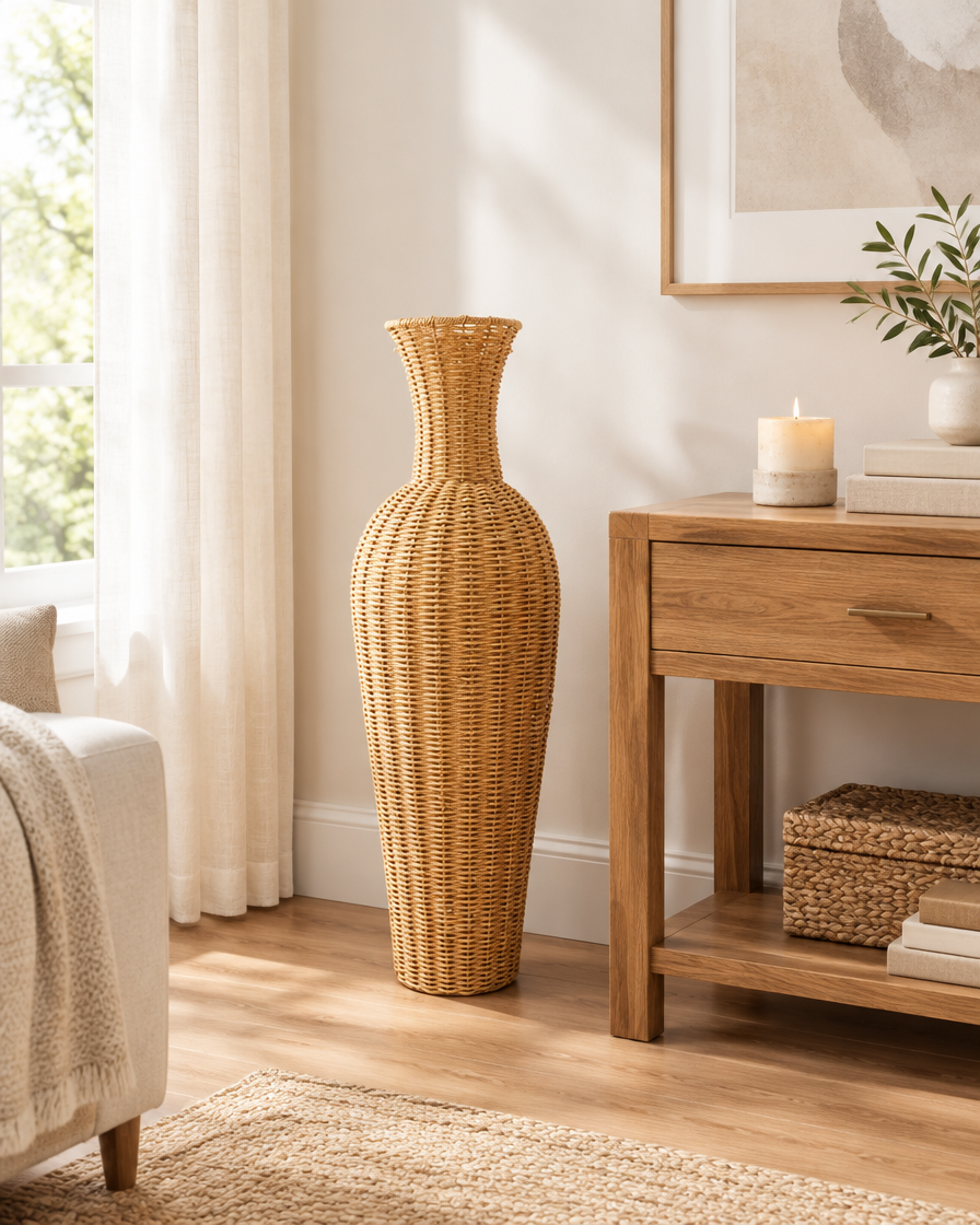 Tall Woven Natural Floor Vase beside a console table