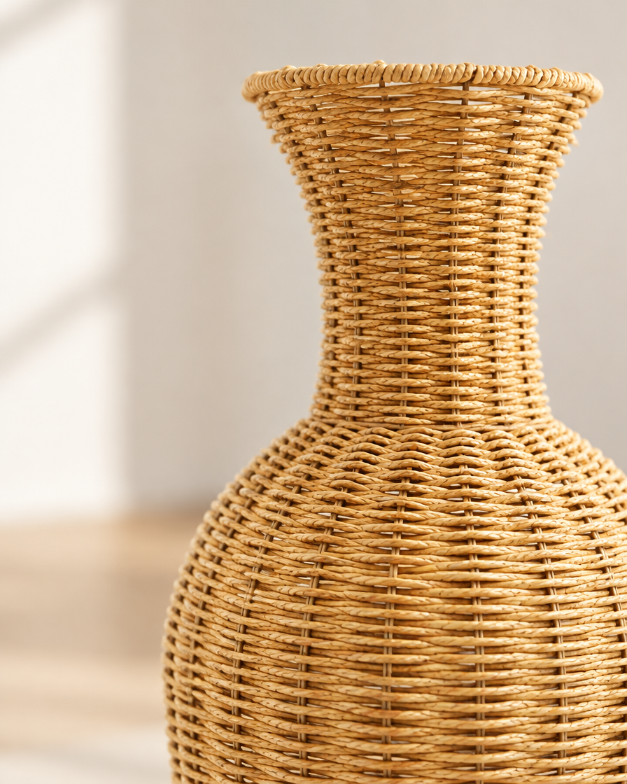 Close-up of the woven finish of the tall woven natural floor vase