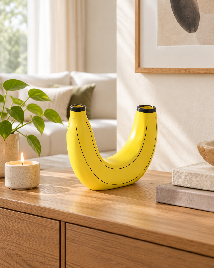 Yellow Banana-Shaped Resin Vase on a console table