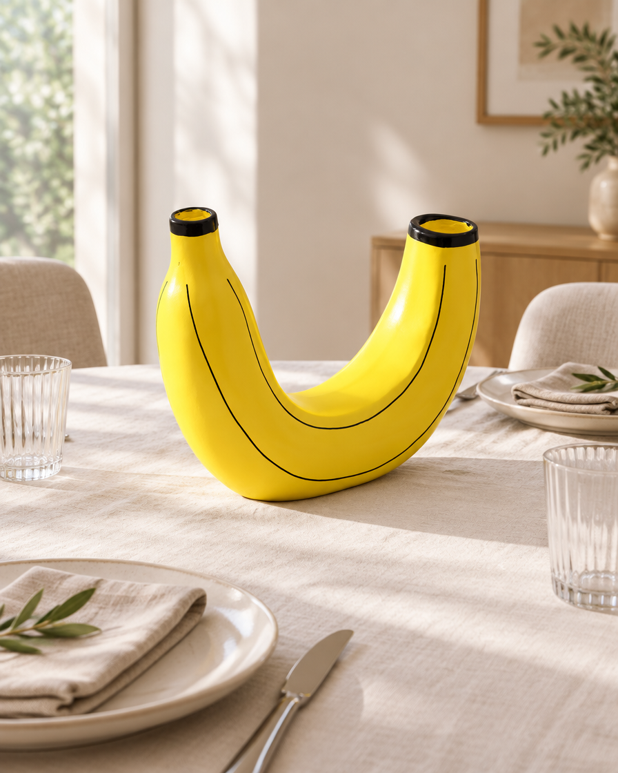 Yellow Banana-Shaped Resin Vase on a dining table