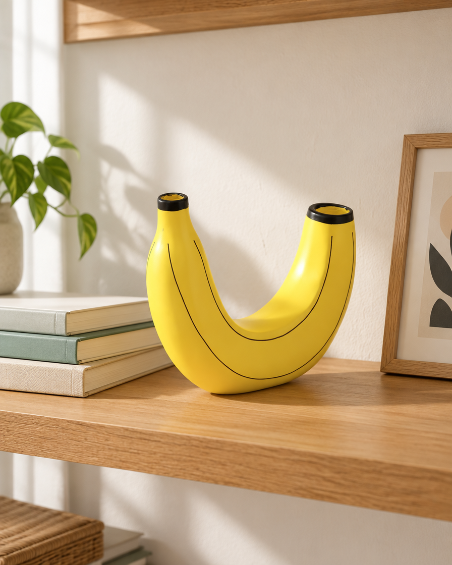 Yellow Banana-Shaped Resin Vase on a wooden shelf