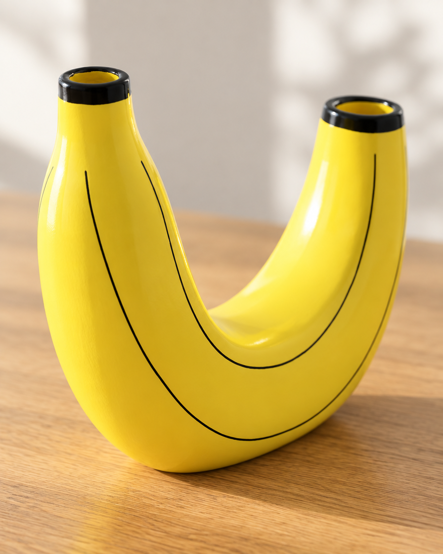 Close-up of the finish of the yellow banana-shaped resin vase
