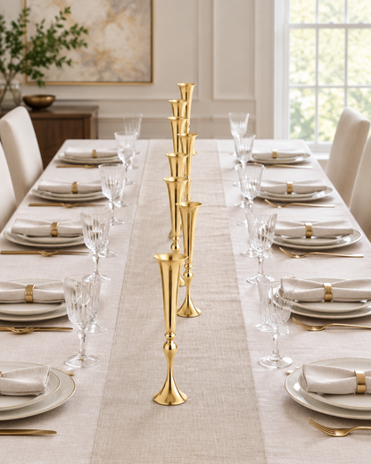 Set of 6 Gold Trumpet Vases on a long dining table