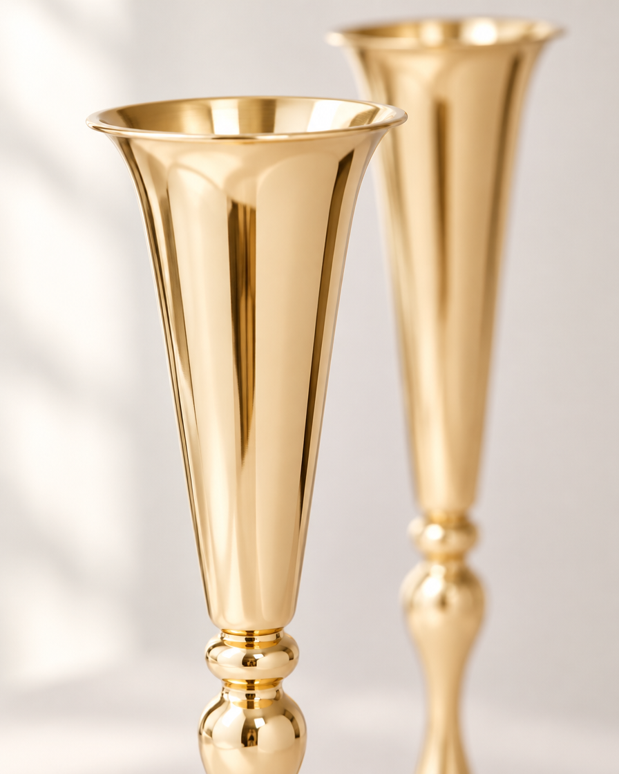 Close-up of the finish of the set of 6 gold trumpet vases