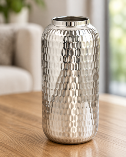 Close-up of the finish of the silver hammered cylinder vase