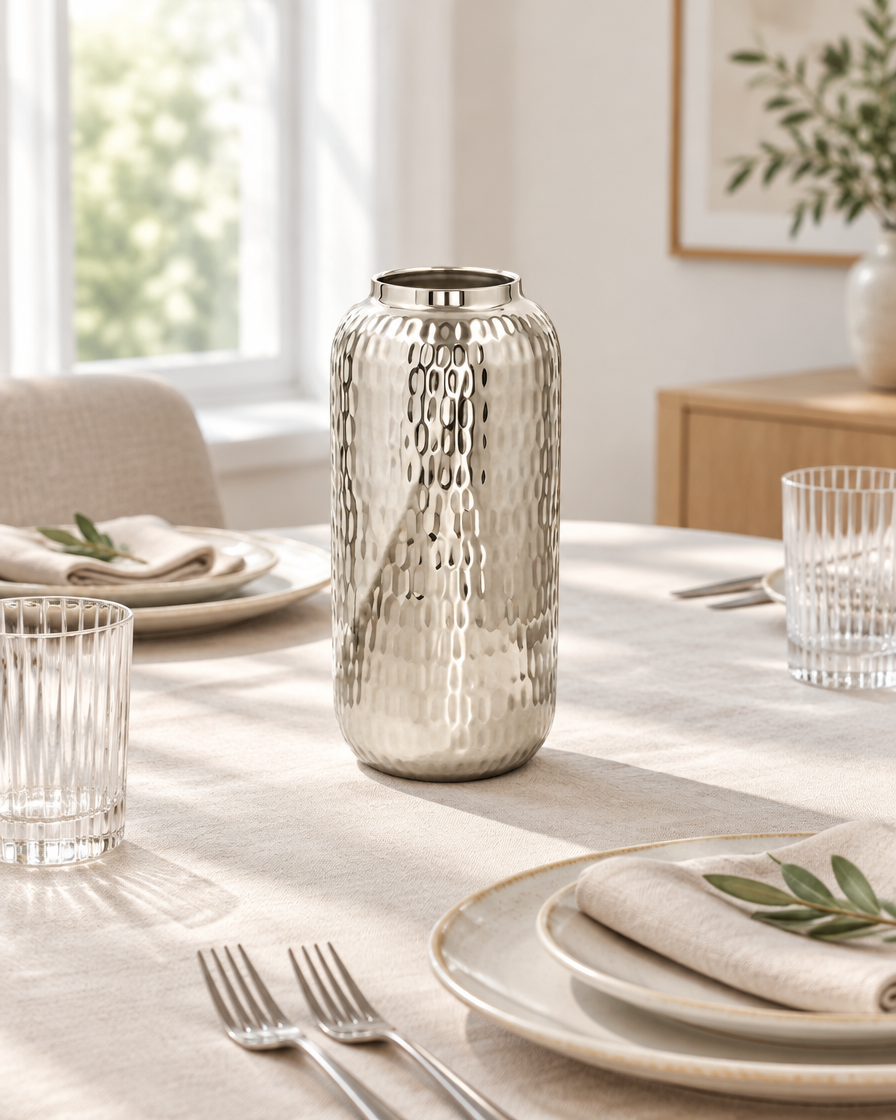 Silver Hammered Cylinder Vase on a dining table