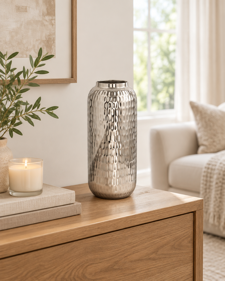 Silver Hammered Cylinder Vase on a console table
