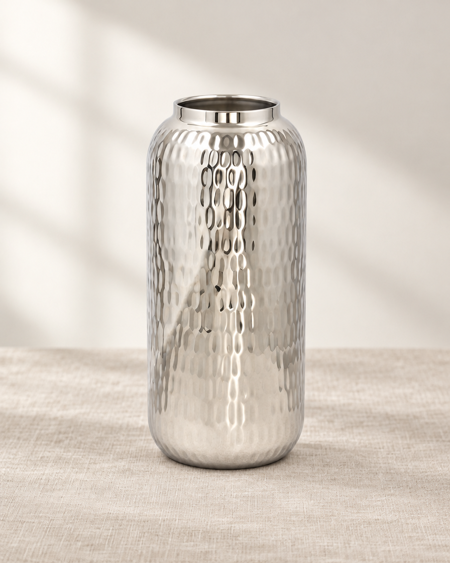 Silver Hammered Cylinder Vase, shown alone on a linen background