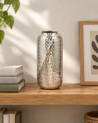 Silver Hammered Cylinder Vase on a wooden shelf
