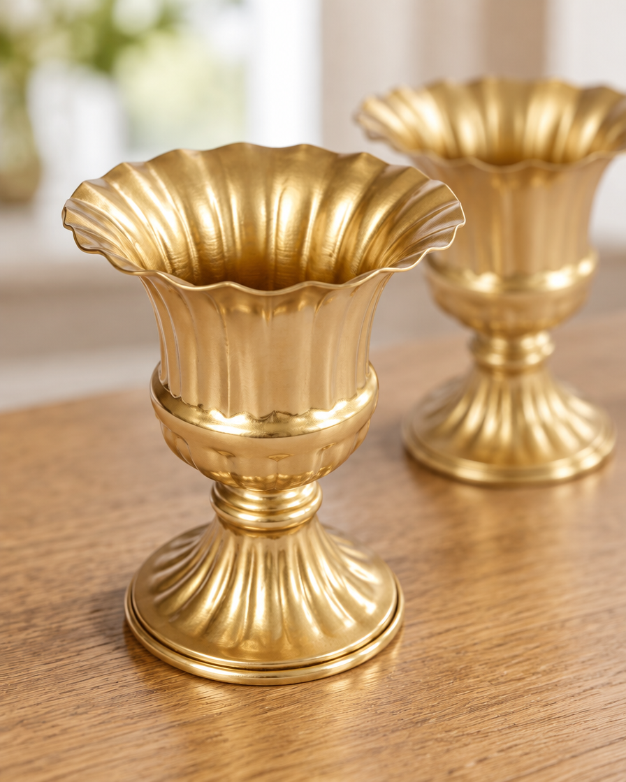 Close-up of the finish of the set of 10 gold fluted urn vases