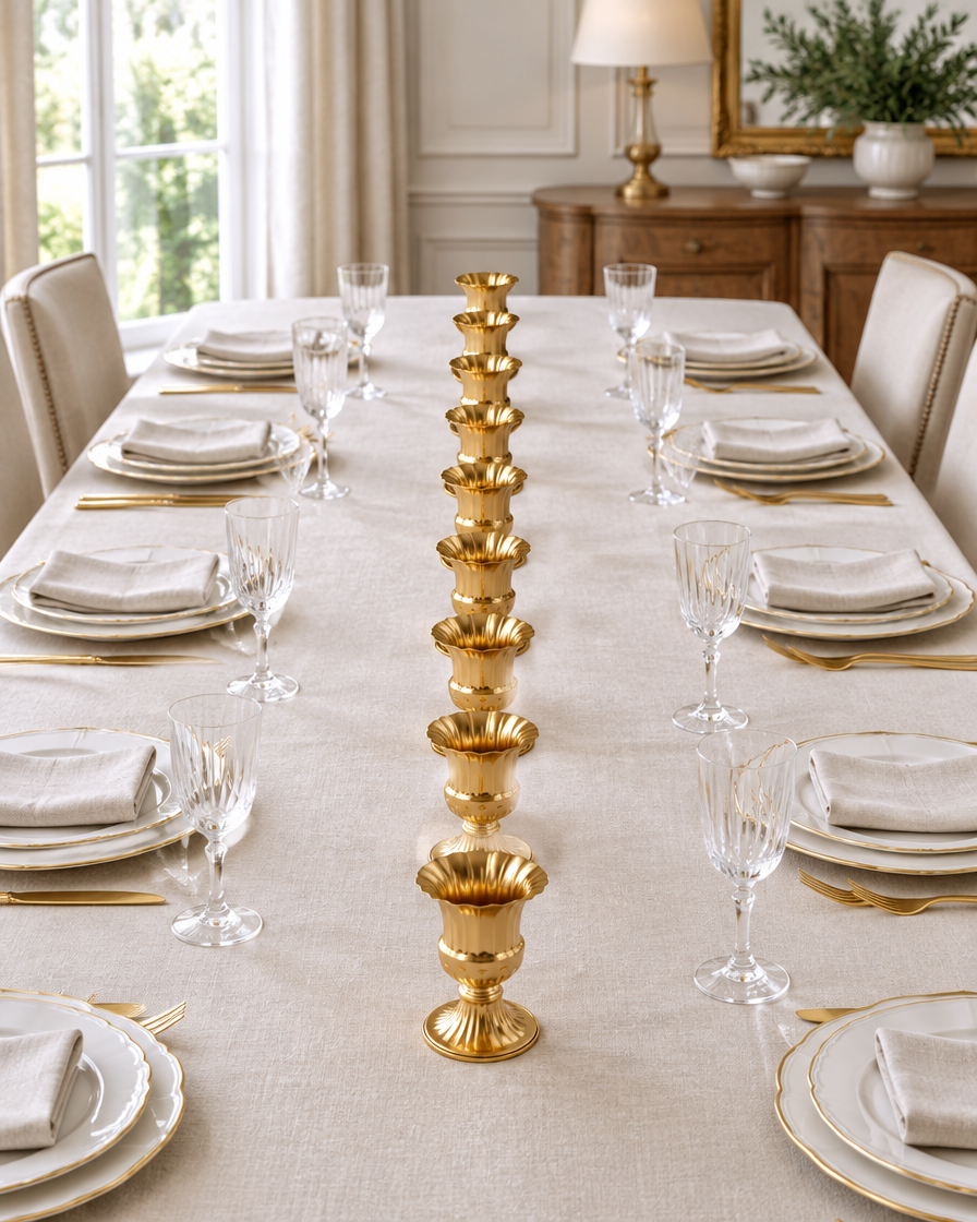 Set of 10 Gold Fluted Urn Vases on a dining table