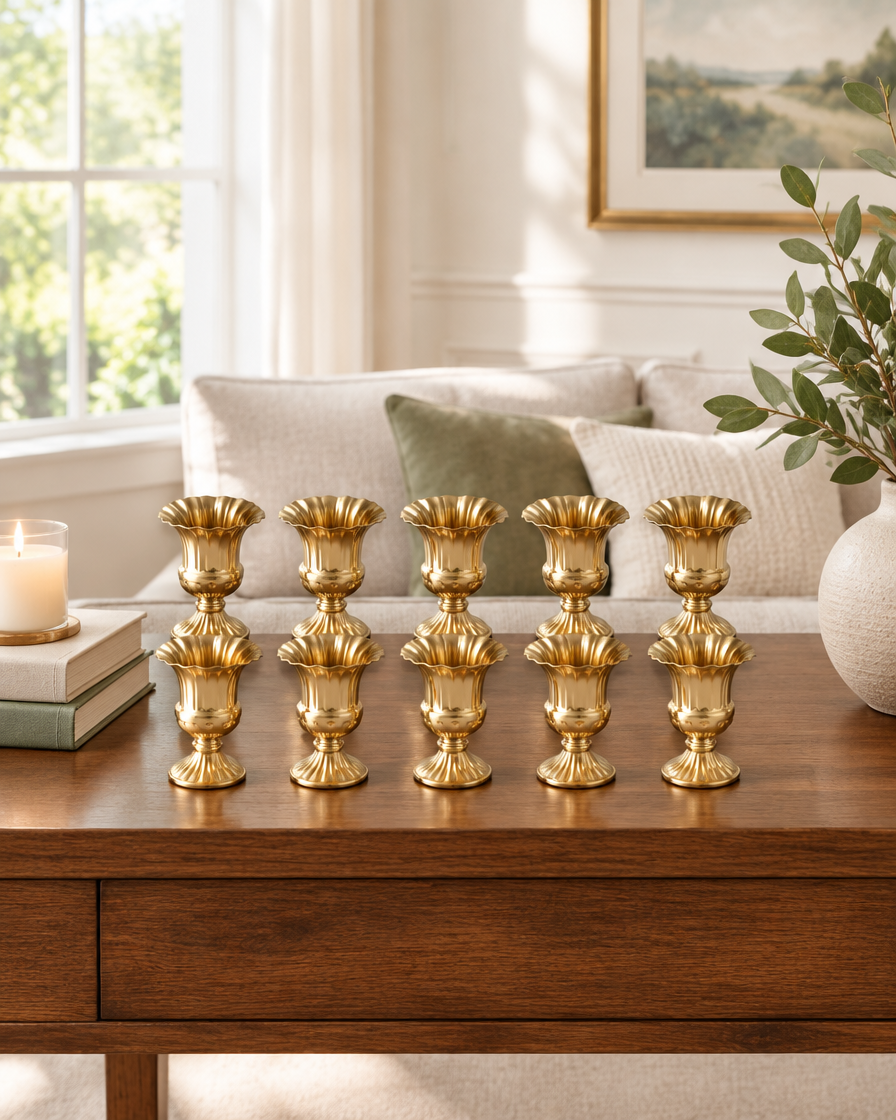 Set of 10 Gold Fluted Urn Vases on a console table