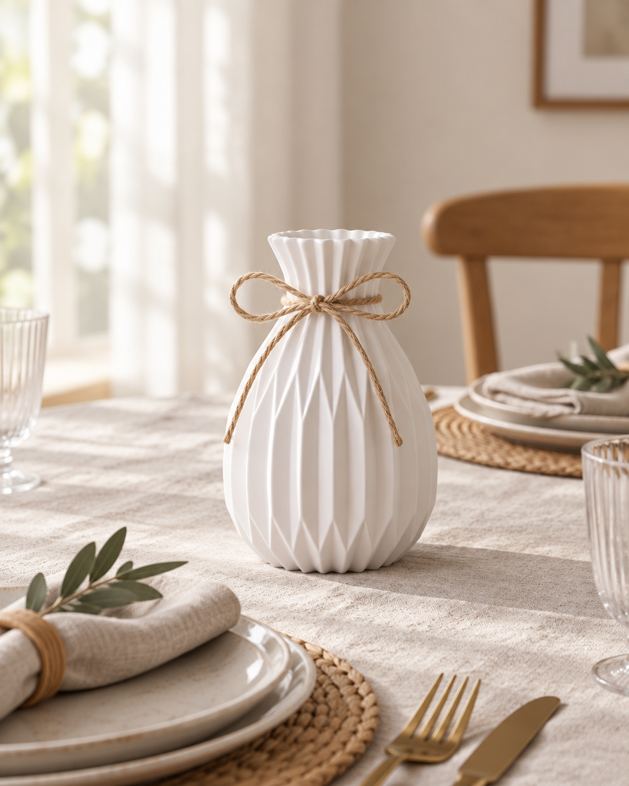 White Pleated Vase with Jute Bow on a dining table