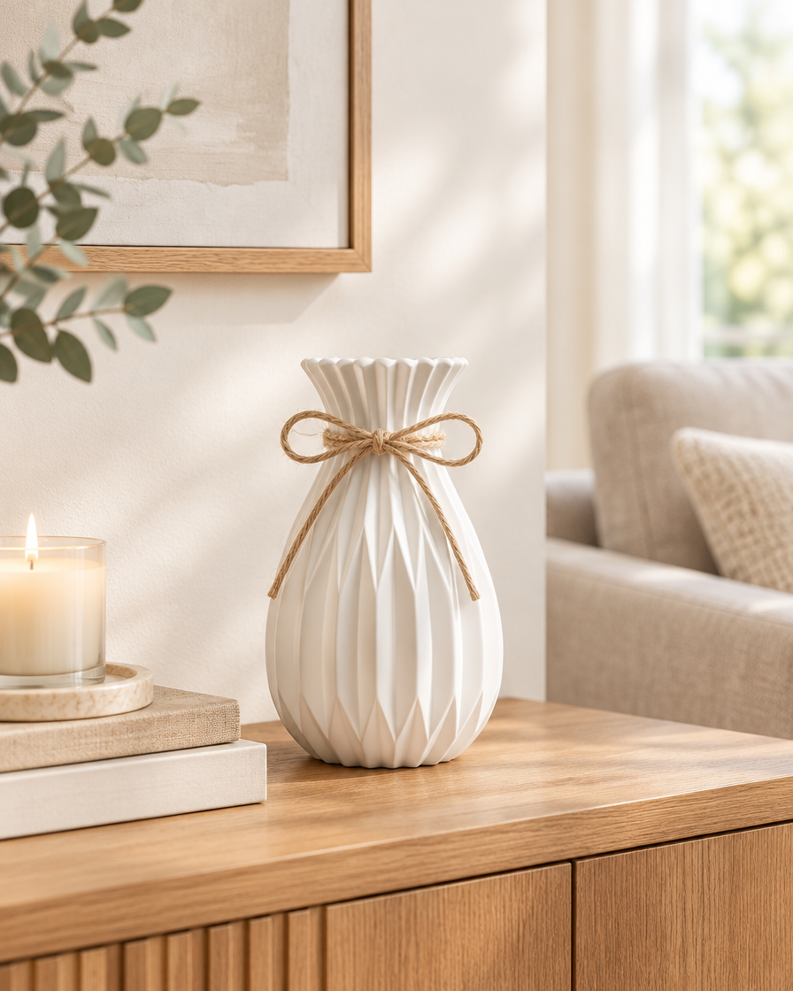 White Pleated Vase with Jute Bow on a console table