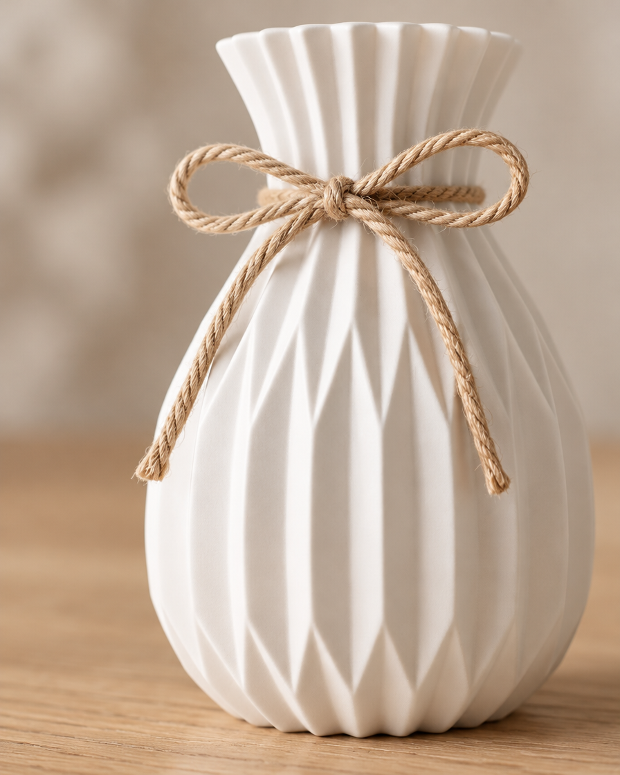 Close-up of the pleated finish of the white pleated vase with jute bow