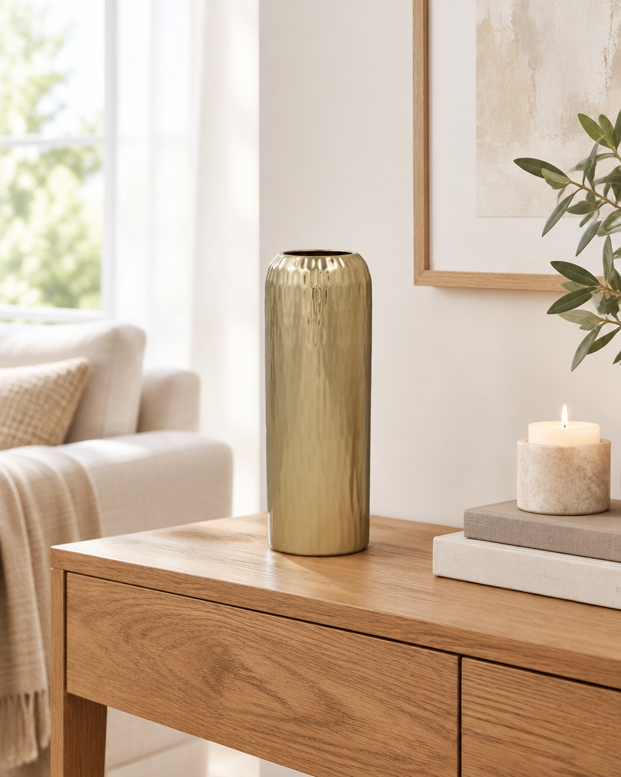 Champagne Gold Textured Cylinder Vase on a console table