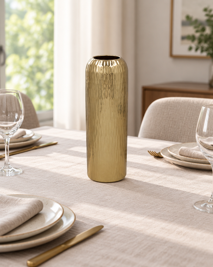 Champagne Gold Textured Cylinder Vase on a dining table