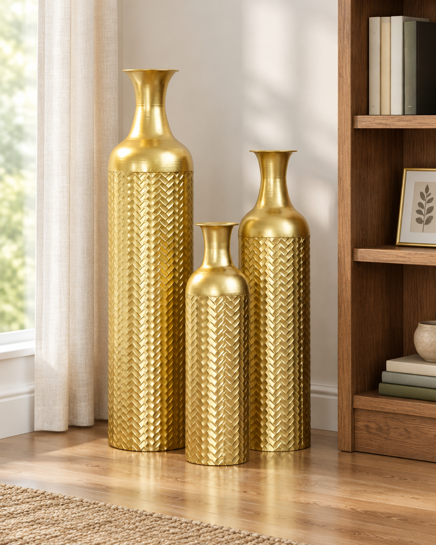 Set of 3 Gold Textured Metal Floor Vases beside a bookshelf