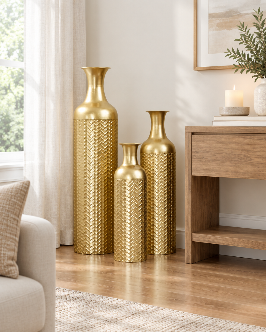 Set of 3 Gold Textured Metal Floor Vases beside a console table