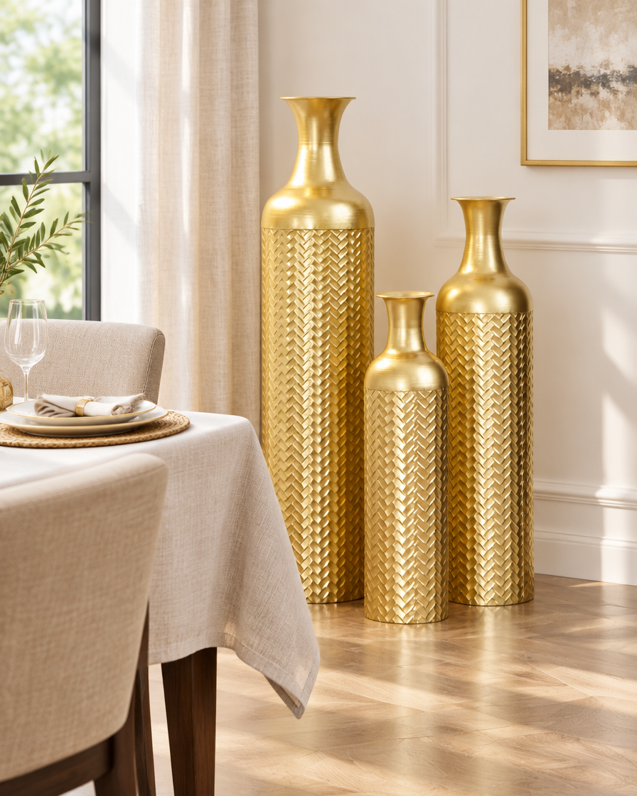 Set of 3 Gold Textured Metal Floor Vases beside a dining table