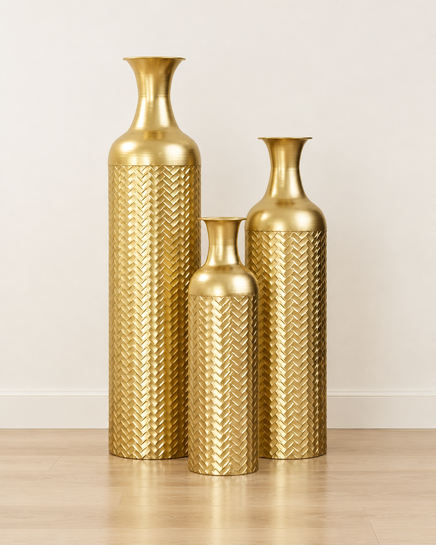 Set of 3 Gold Textured Metal Floor Vases, shown alone against a plain wall