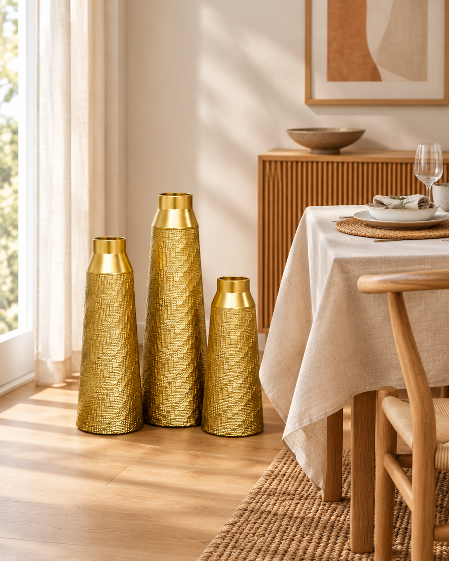 Set of 3 Gold Woven-Texture Tapered Floor Vases beside a dining table