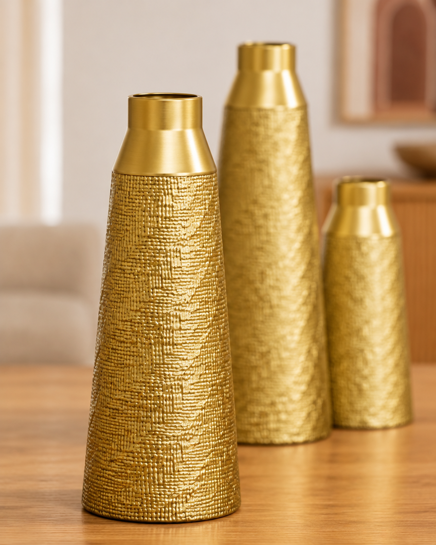 Close-up of the finish of the set of 3 gold woven-texture tapered floor vases