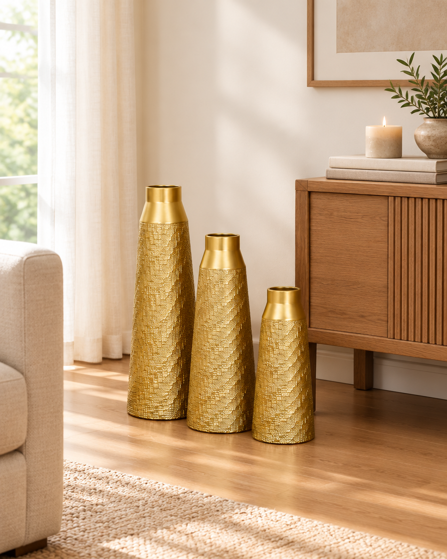 Set of 3 Gold Woven-Texture Tapered Floor Vases beside a console table