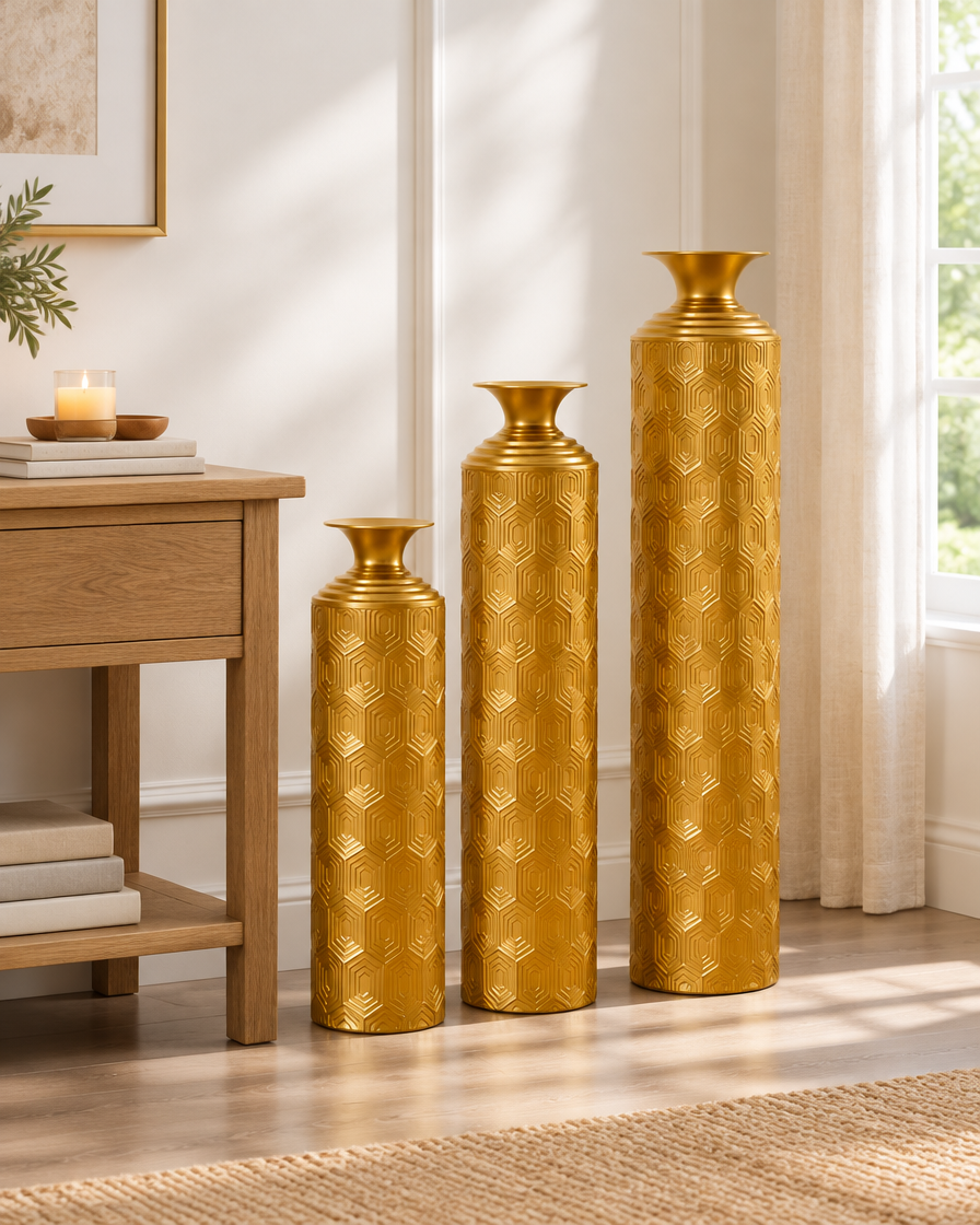 Set of 3 Gold Honeycomb-Texture Metal Floor Vases beside a console table