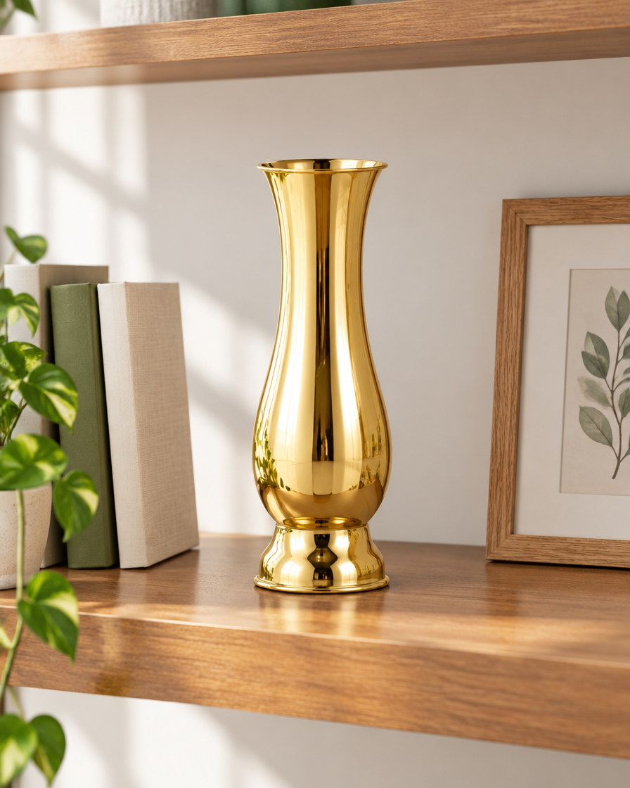 Gold Polished Metal Baluster Vase on a wooden shelf