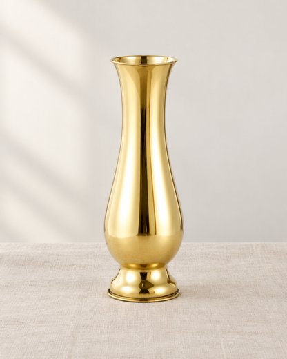 Gold Polished Metal Baluster Vase, shown alone on a linen background