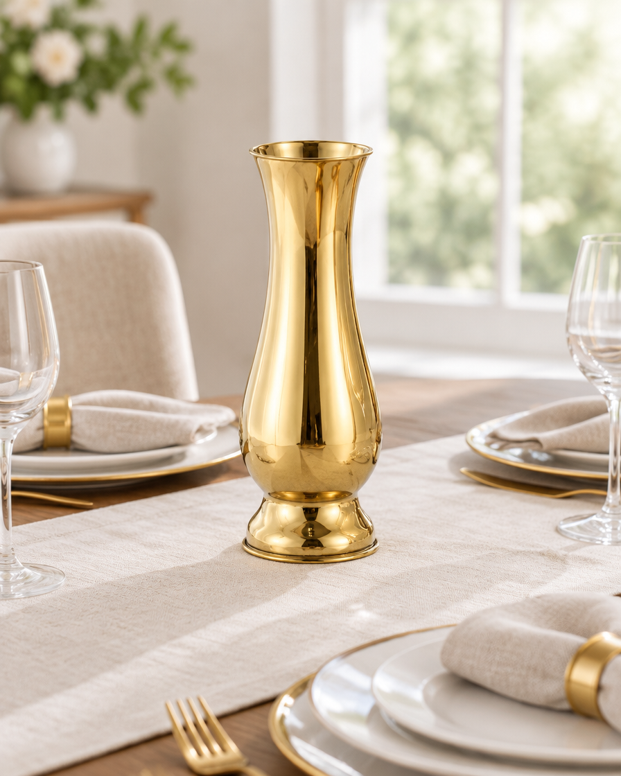 Gold Polished Metal Baluster Vase on a dining table