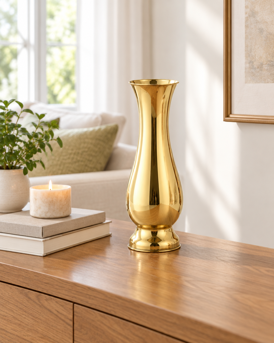 Gold Polished Metal Baluster Vase on a console table