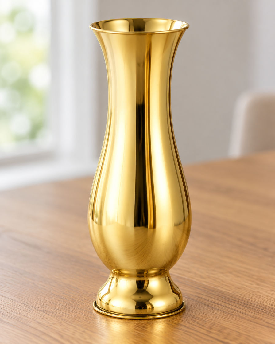 Close-up of the finish of the gold polished metal baluster vase
