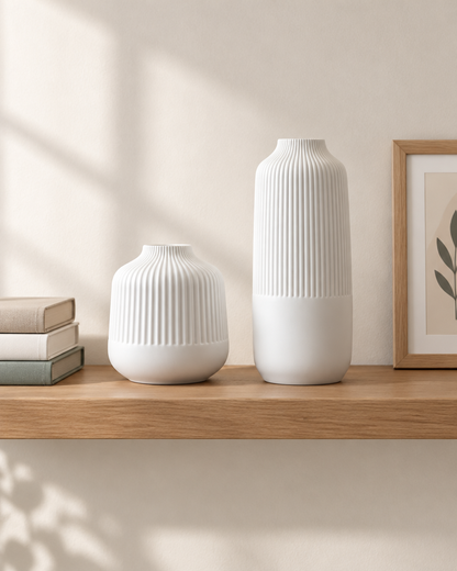 Set of 2 White Ribbed Ceramic Vases on a wooden shelf