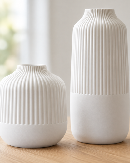 Close-up of the finish of the set of 2 white ribbed ceramic vases