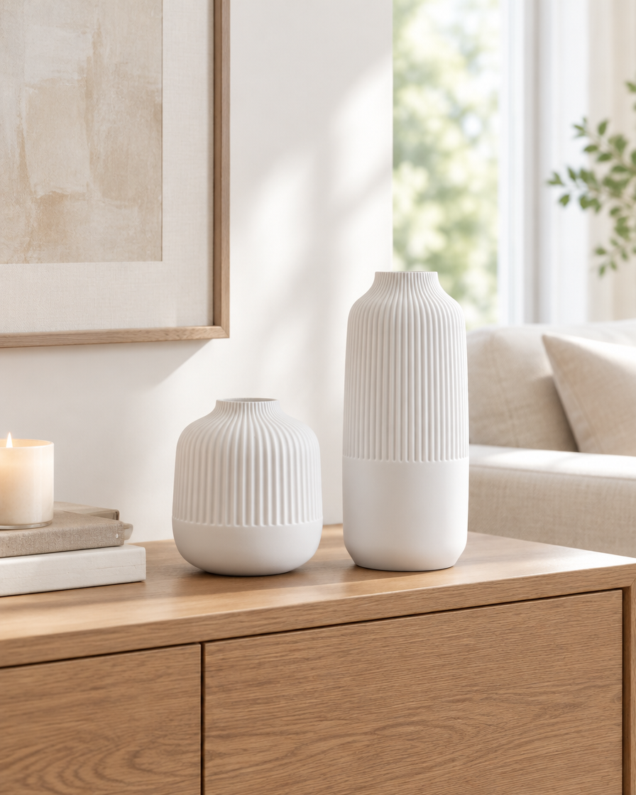 Set of 2 White Ribbed Ceramic Vases on a console table