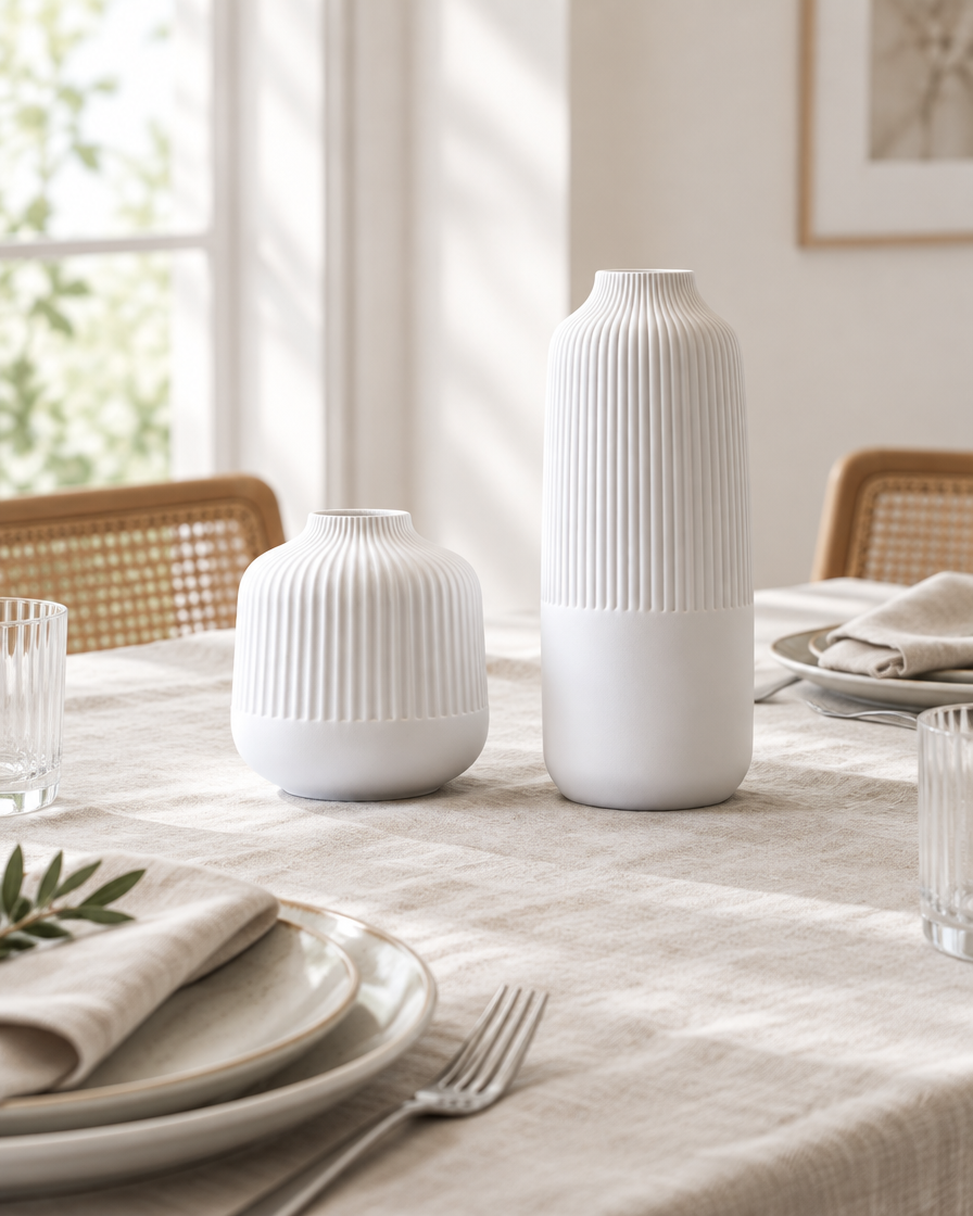 Set of 2 White Ribbed Ceramic Vases on a dining table