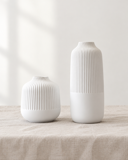 Set of 2 White Ribbed Ceramic Vases, shown alone on a linen background