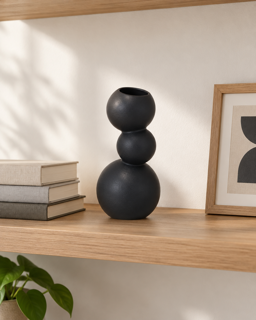 Black Stacked Ball Ceramic Vase on a wooden shelf